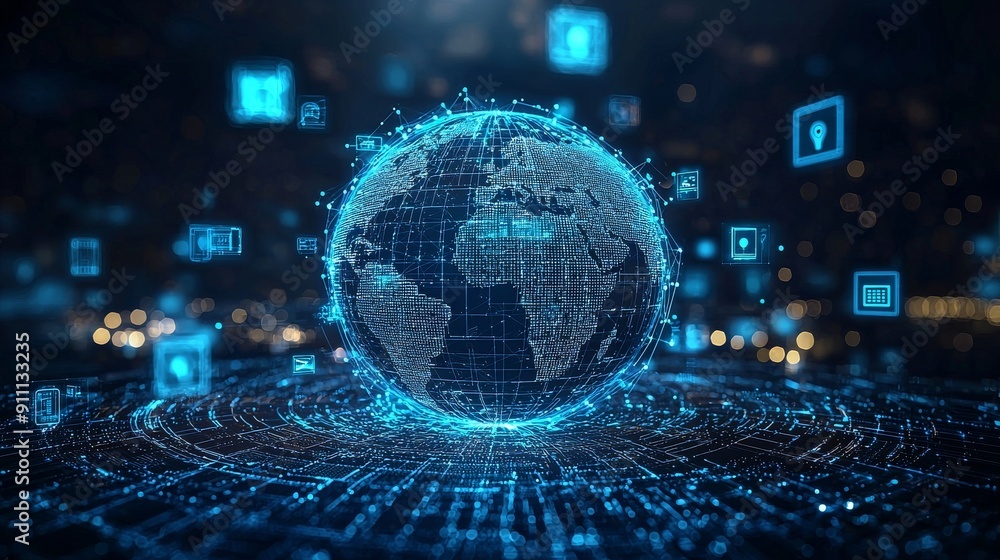 Poster digital wireframe globe surrounded by various technological icons and data points