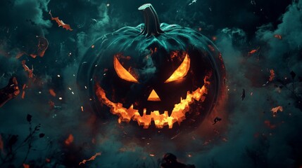 Burning Jack-o'-lantern in a Smoky Forest