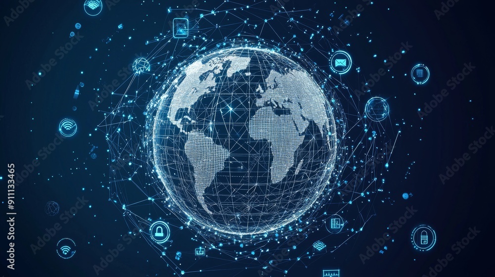 Poster wireframe globe surrounded by digital network icons representing global connectivity and data techno