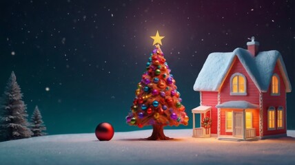 Obraz premium Christmas tree toy in the form of a house on a branch. Christmas mood background. Vacation atmosphere. Comfort hyuge concept cozy. Family budget Mortgage buying real estate