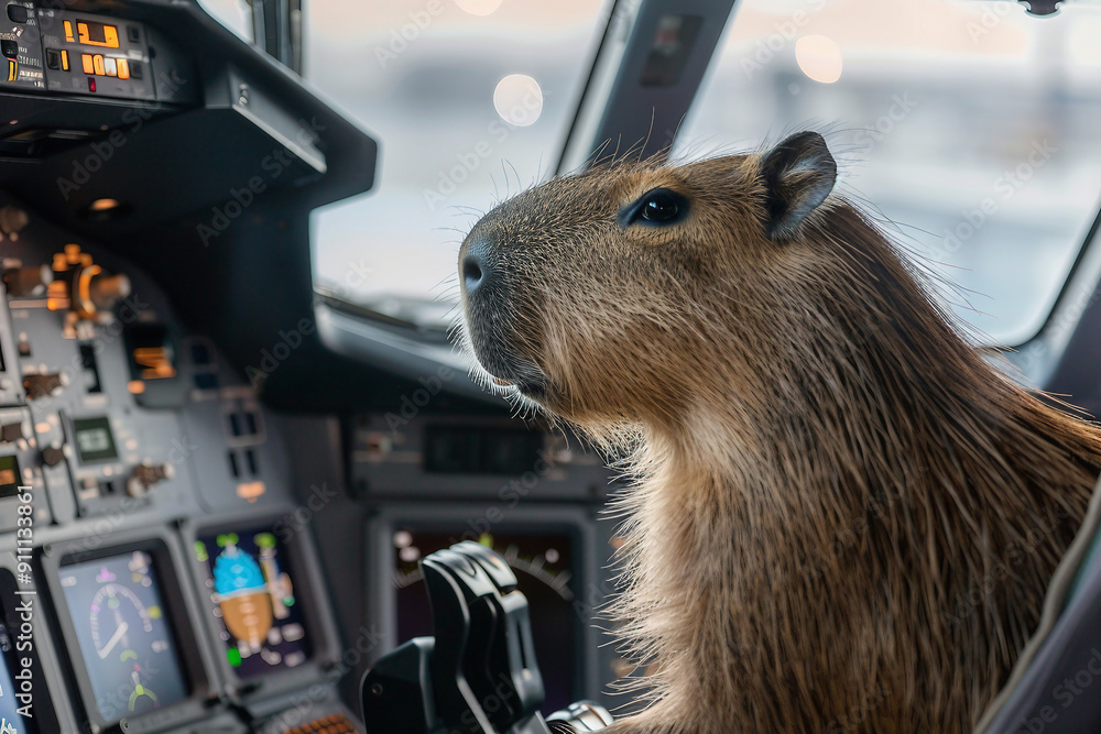 Poster created with generative ai picture of a capybara flying on plane in cockpit