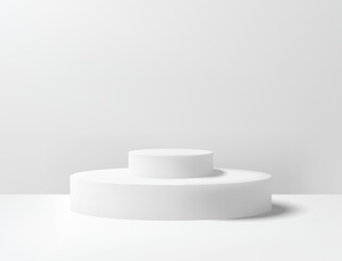 Realistic 3D white circle platform podium or pedestal on gray background with shadow. Empty space for product display presentation. Minimalistic mockup with copy space . Stage showcase vector design
