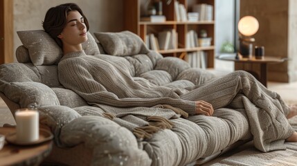 Cozy Indoor Relaxation on a Comfortable Sofa Surrounded by Books and Soft Lighting