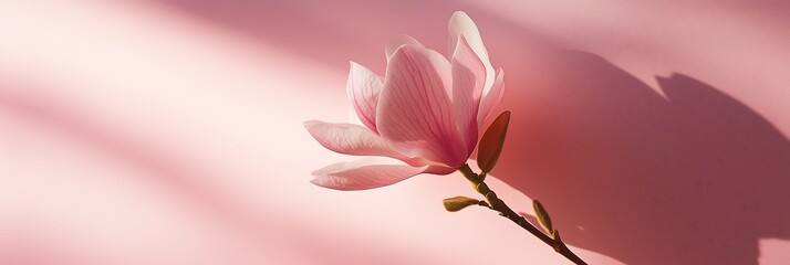 Pink magnolia flower with abstract shadow on pink background