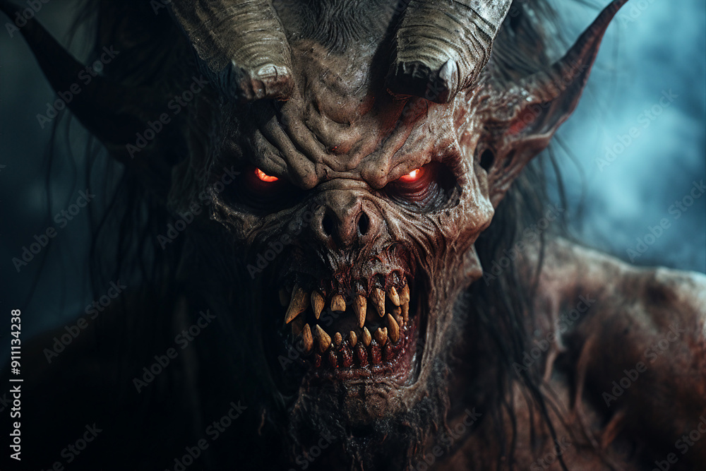 Poster a creepy ugly angry devil from hell created with generative ai illustration