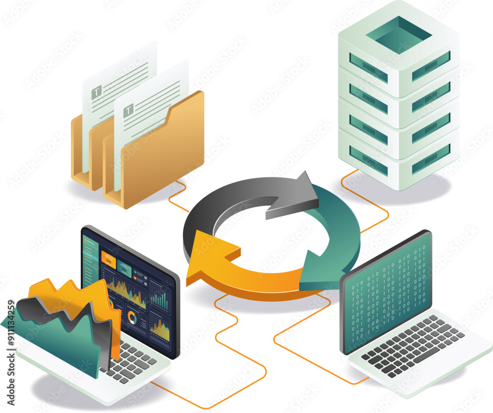 Poster illustration of a laptop, computer server, and folder with dashboard analytics