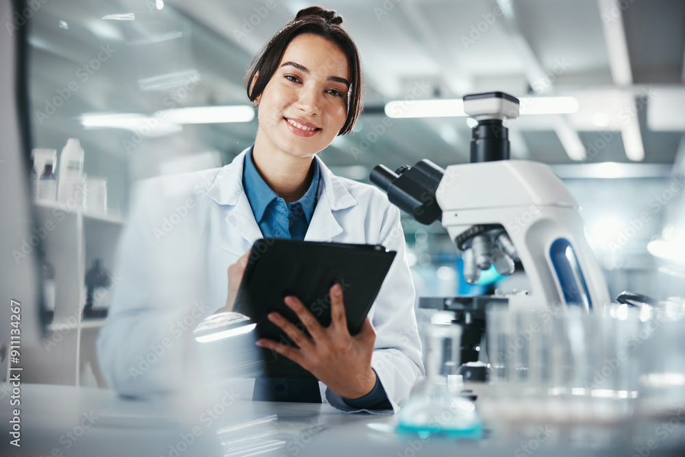 Poster portrait, woman and scientist with tablet in lab for microscope research, medical data and science i