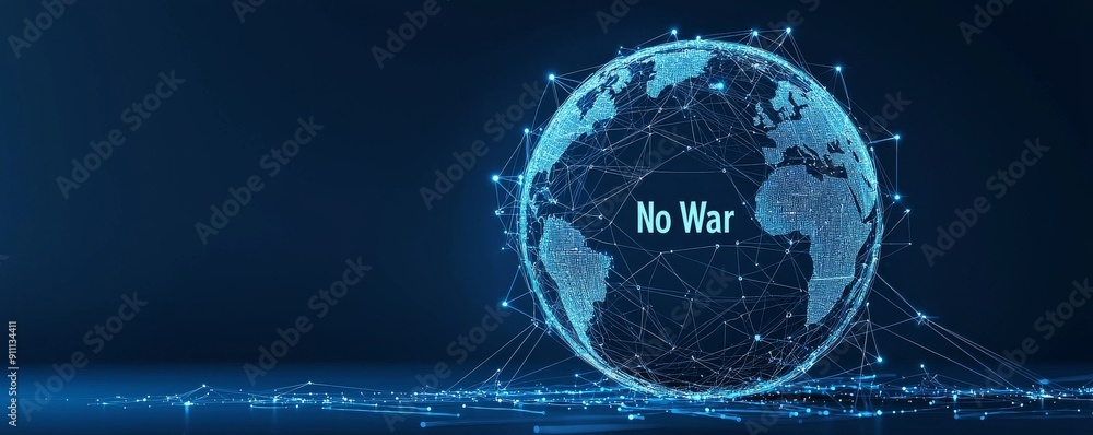 Poster digital wireframe globe with 'no war' message representing global peace and connectivity