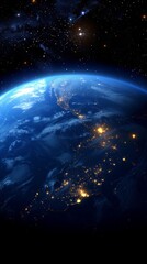 Night view of Earth from space with city lights.
