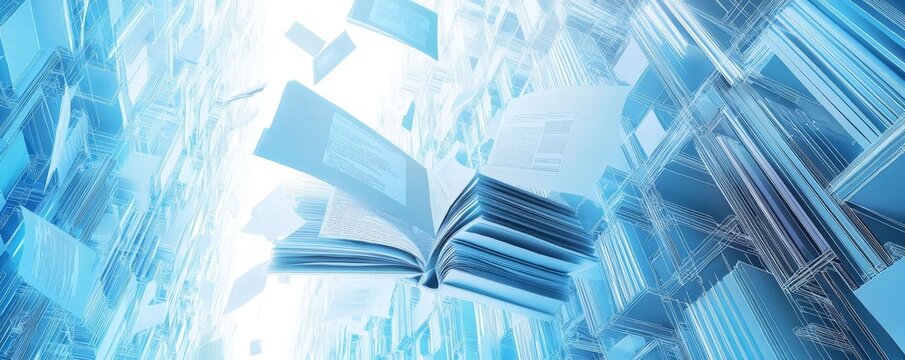 Wireframe illustration of scientific journal and documents in digital archive