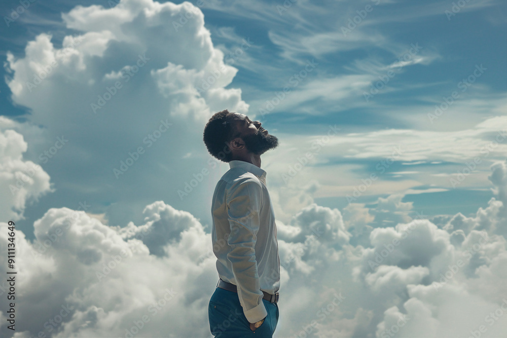 Poster image of handsome man afterlife in paradise generative ai concept