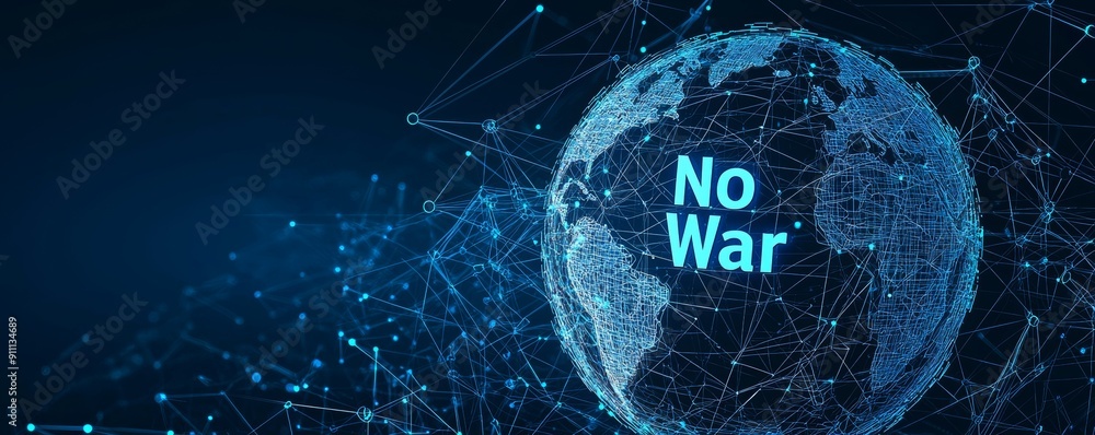 Poster digital wireframe globe with 'no war' text advocating global peace