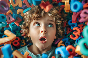 Little kid and many numbers around. Child has reading and calculating difficulties. Education, learning, dyslexia, dyscalculia, back to school transition, readjustment after holidays