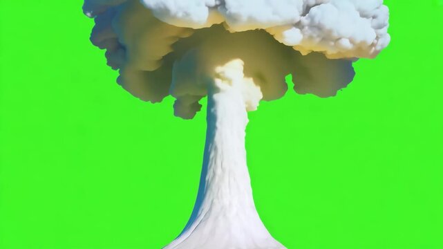 Motion animation of atomic bomb explosion on green screen background. Nuclear fire mushroom cloud in world war. Apocalypse, armageddon. Effect ready to chroma key