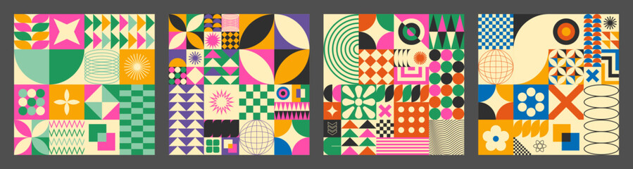 Obraz premium Abstract simple geometric seamless pattern with figure, form, shapes, circle and lines in retro style. Vibrant grunge geometry brutalism y2k 2000s print. Modern collage vector illustration