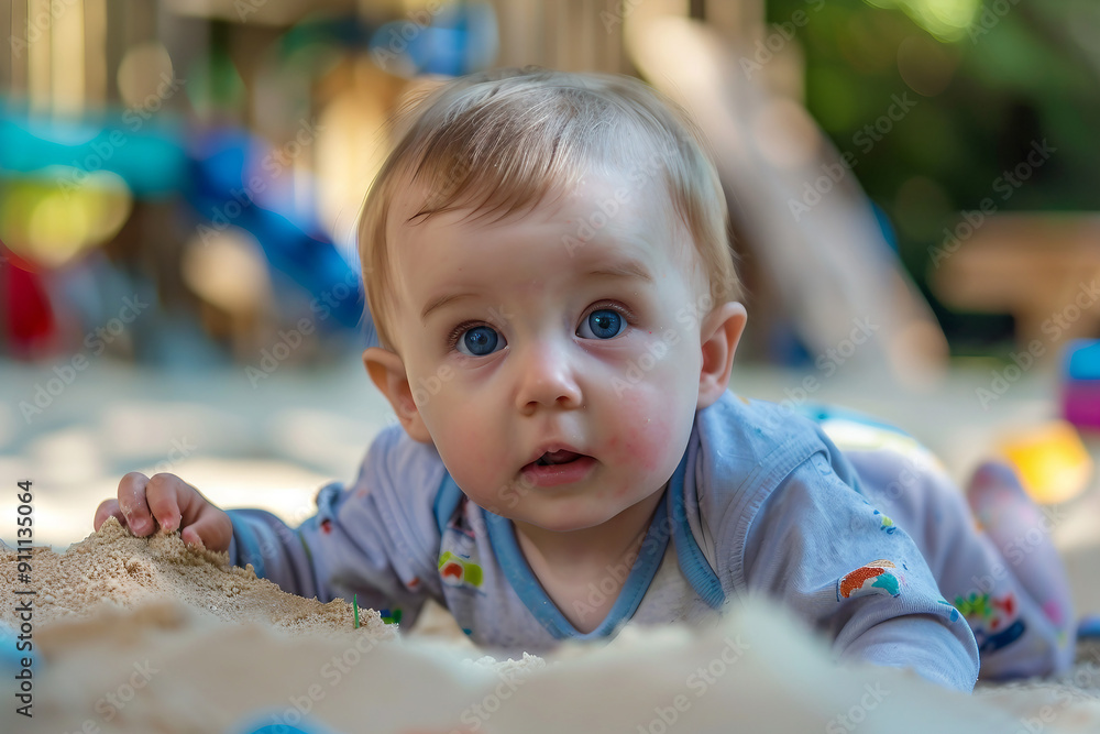 Wall mural ai generated portrait of cute adorable baby first crawling on the floor