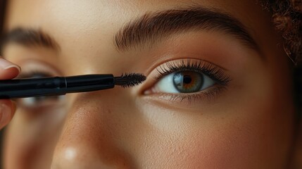 Naklejka premium Detailed shot of a model applying mascara, with focus on the eye and lashes