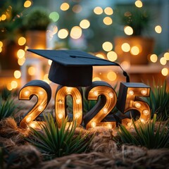 Class of 2025 Graduation Concept with Cap and Bokeh Lights

