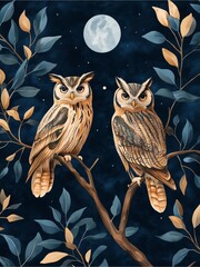 Fototapeta premium Owls resting on a tree branch, under the glow of a moonlit night, illustrated in a watercolor style.
