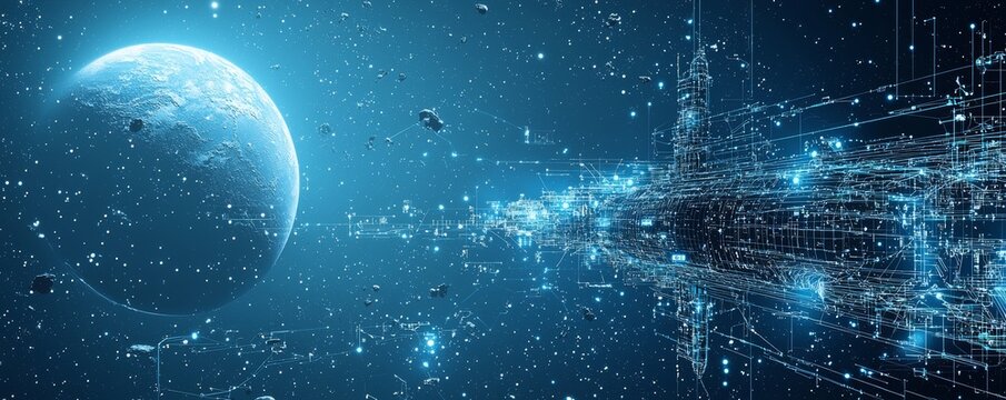 Futuristic wireframe space station with distant planet in glowing cosmic background