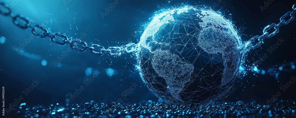 Poster futuristic wireframe globe with digital connections and chains symbolizing global network and securi
