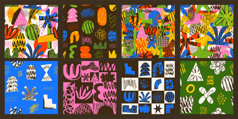 Set of Aesthetics Abstract contemporary seamless pattern with hand drawn textured shapes, spots, scribble and lines. Vibrant grunge geometric brutalism y2k 2000s print. Modern collage vector