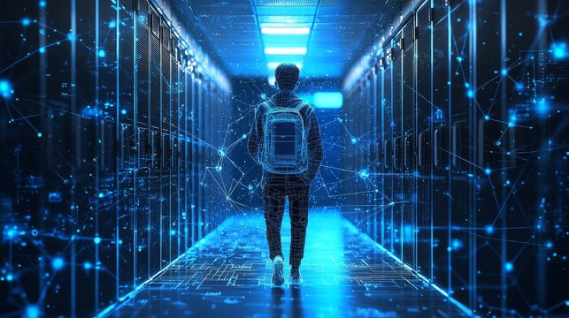 Wireframe student exploring data center with advanced technology connections - Powered by Adobe