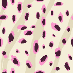Obraz premium Abstract animal skinand fur print seamless pattern with nature hand drawn shapes, spots, dots and lines with textures. Vibrant jungle boho print. Modern exotic collage geometric vector illustration