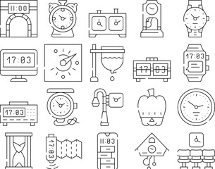 Clock And Watch Time Equipment Icons Set Vector. Floor Antique Clock And Digital Hand Gadget, Chess Game Tool And Gps Device, Sandy And Sundial, Mechanical And Electronic Contour Illustrations