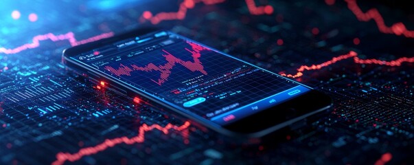 Wireframe trading app on smartphone with red and blue stock market data visualization