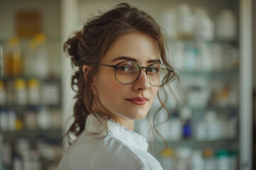 Fototapeta premium Photography of smiling pharmacist in a pharmacy store generative ai