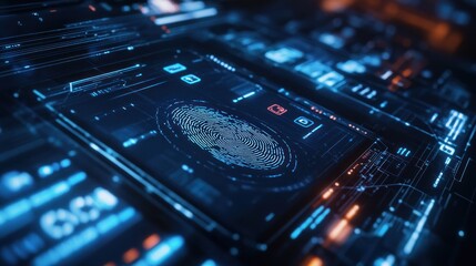Digital interface displaying a fingerprint scan in progress with security icons
