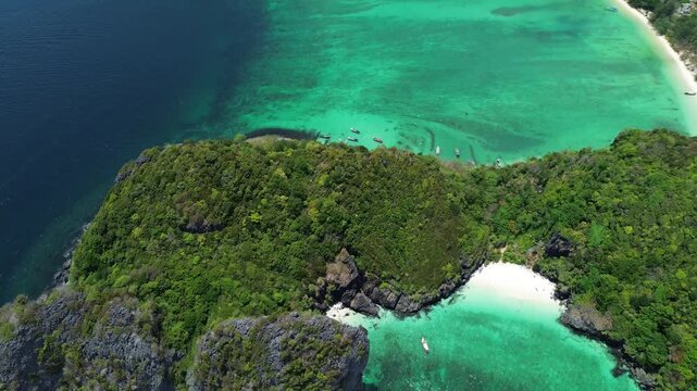 Nature of Phi Phi Don island, view from above of a tropical island in the south of Thailand, 4k