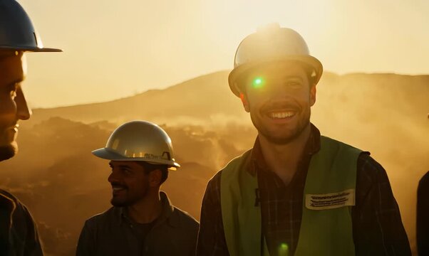 Portrait of a smiling male miner in front of a group of workers