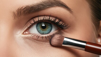 A woman with a brush in her eye applying makeup, AI