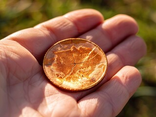 Fototapeta premium A Cracked Coin Held in Hand.