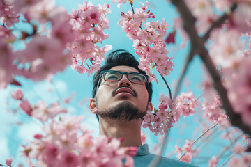 Obraz premium Portrait of a happy man walking in cherry spring garden ai generative