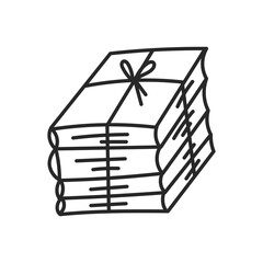 Stack of Books Tied with Thread Doodle Icon. Hand drawn reading symbol. Library Bookstore sign. Isolated vector illustration