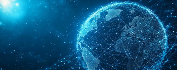 Digital wireframe globe connecting the world with blue futuristic technology