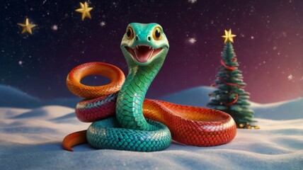 Fototapeta premium Christmas snake tree toy in the form of a house on a branch. Christmas mood background. Vacation atmosphere. Comfort hyuge concept cozy. Family budget Mortgage buying real estate