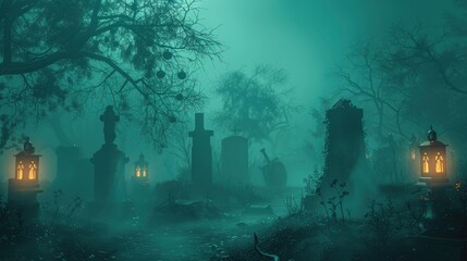 Mysterious Graveyard in Fog