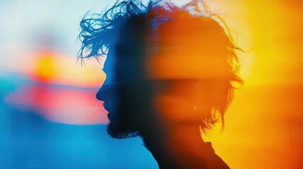 Close-up of creative activity, artist painting, double exposure silhouette, studio setting, abstract shapes