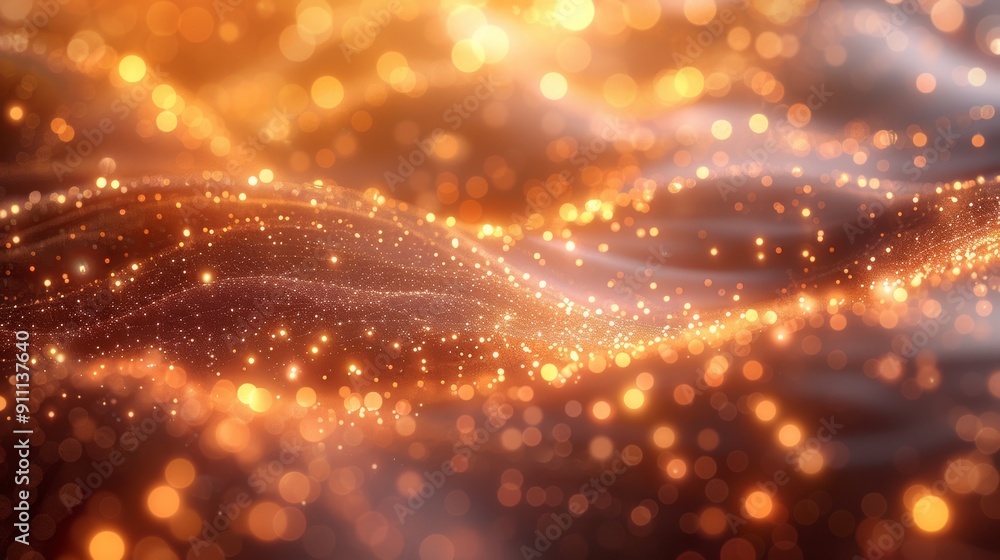 Poster glowing particles flowing over smooth surface during golden hour in abstract setting