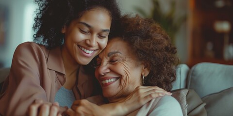 Two women are hugging each other on a couch. One of them is smiling and the other is also smiling. Scene is warm and friendly