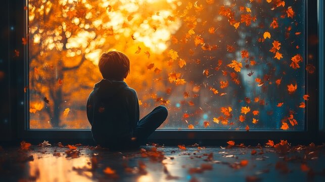 Student Contemplating Autumn Leaves While Sitting by Classroom Window at Golden Hour
