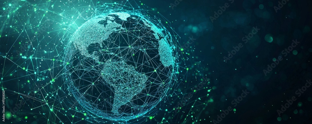Poster digital wireframe globe with interconnected network on a dark background