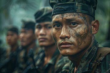 Fototapeta premium AI generated image of strong soldier in gear on the battlefield