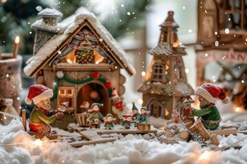 enchanted winter wonderland with elves crafting toys in santas workshop soft watercolor textures whimsical details and a warm cozy atmosphere filled with magic and joy