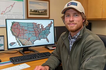 Young Man Working on Computer With United States Map Displayed