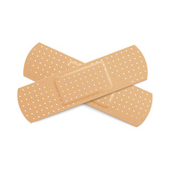 Two beige adhesive plasters, cross of bandage for treating wound vector illustration